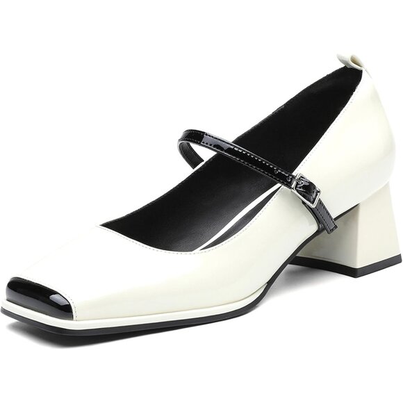 Newbella Women's White Mary Jane Pumps Low Block Heel Square Toe Dress Shoes - Picture 1 of 5